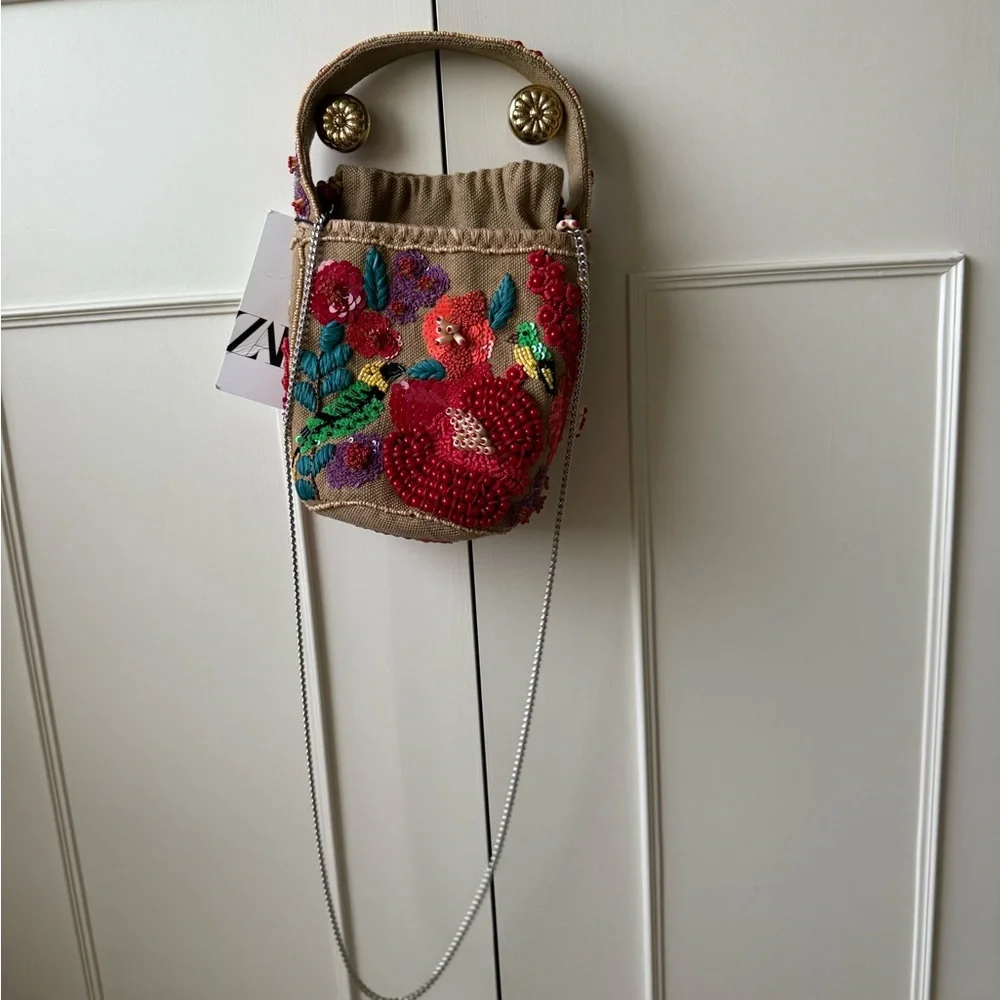 NWT ZARA BEADED BASKET BAG - Picture 8 of 16